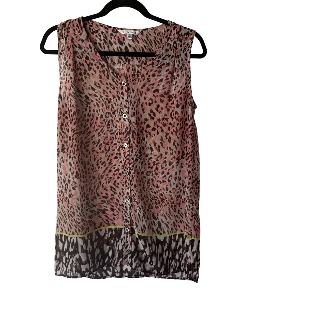 Cabi Shirt Womens Medium Sleeveless Button Down Animal Print Sheer Top Blouse